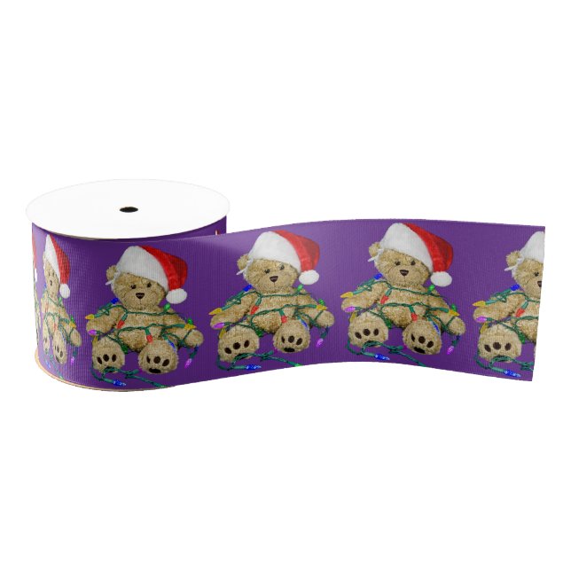 Lazo De Tela Gruesa Teddy Bears Tangled In Christmas Lights On Purple (Carrete)