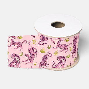 Lazo De Tela Gruesa Tiernos Tigres Rosados Hojas Tropicales Animal Abs