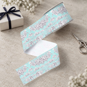 Lazo De Tela Gruesa Toile de Jouy monograma floral acuática azul vinta