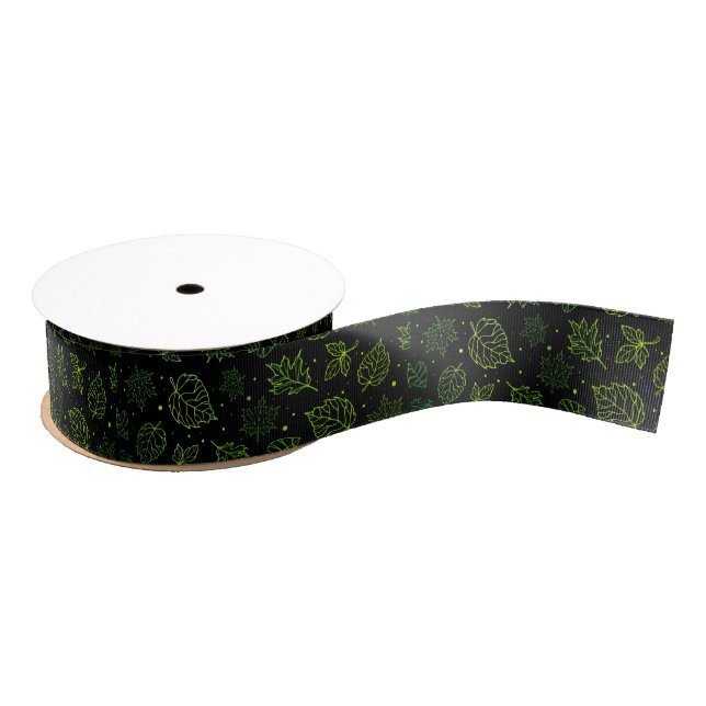 Lazo De Tela Gruesa Toque de las hojas verdes elegantes sobre negro (Carrete)