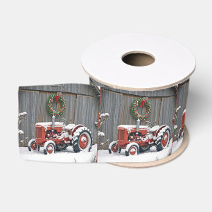 Lazo De Tela Gruesa Tractor Rojo Con Corona De Navidad