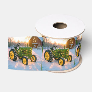 Lazo De Tela Gruesa Tractor verde vintage de Navidad con granero rojo