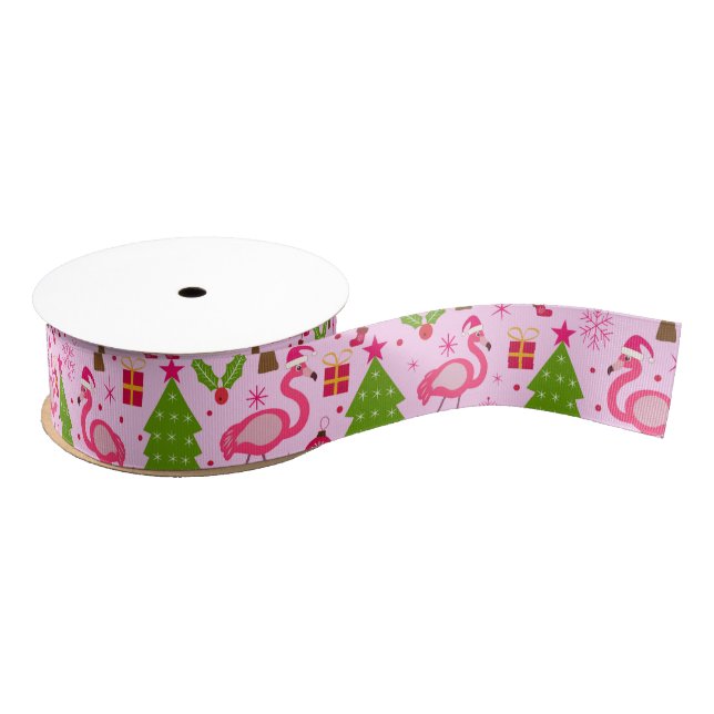 Lazo De Tela Gruesa Tropical Christmas Flamingo With Pine Tree on Pink (Carrete)