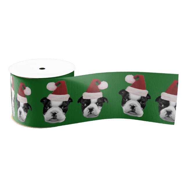 Lazo De Tela Gruesa Verde 3" de Boston Terrier del navidad cinta (Carrete)