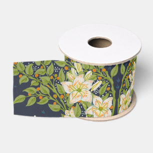 Lazo De Tela Gruesa Walter Crane Vintage Navy Patrón de Lirio Blanco