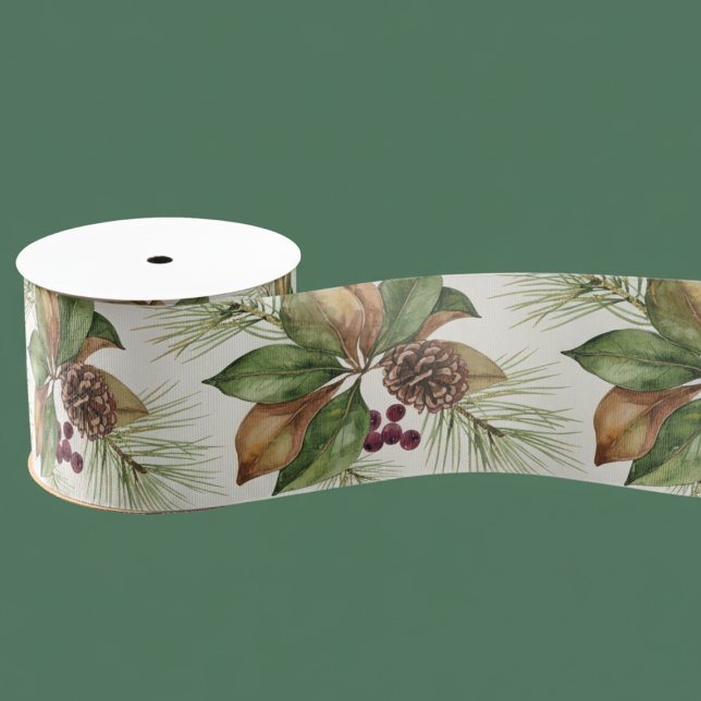 Lazo De Tela Gruesa Watercolor Winter Botanical Pattern (Holiday package ribbon)