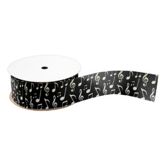 Lazo De Tela Gruesa White Music Notes-Black