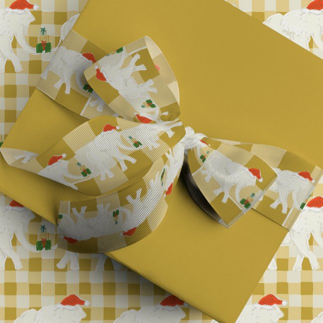 Lazo De Tela Gruesa Yellow Checkered White Elephant Christmas Party (White Elephant in a Santa hat against a golden yellow gingham pattern holiday gifting ribbon)