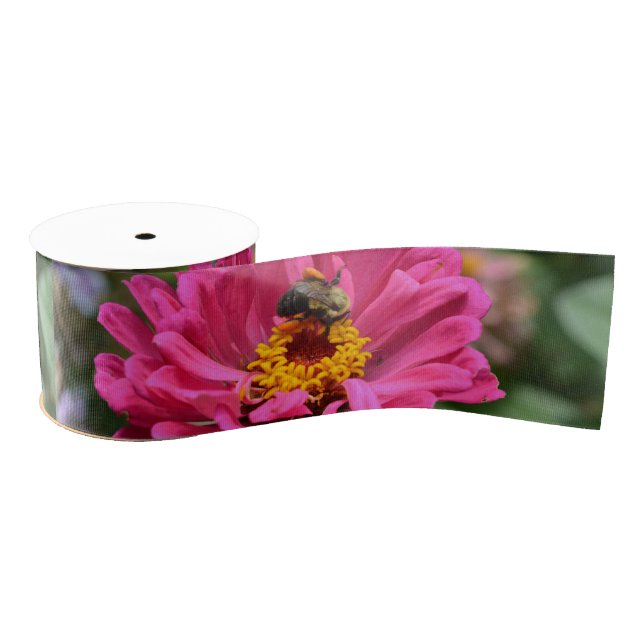 Lazo De Tela Gruesa Zinnia rosa y abeja de burbujas (Carrete)