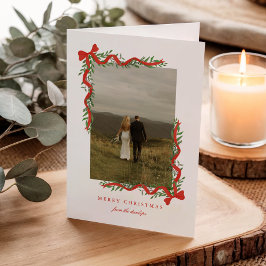 Lazo Rojo Elegante con Foto de Navidad con Verdor