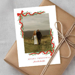 Lazo Rojo Elegante con Foto de Navidad con Verdor