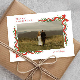 Lazo Rojo Elegante con Foto de Navidad con Verdor