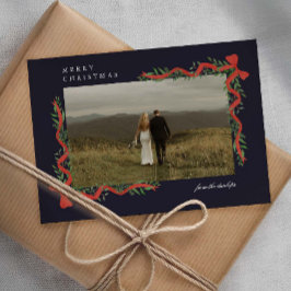 Lazo Rojo Elegante con Foto de Navidad con Verdor