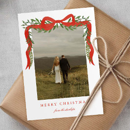 Lazo Rojo Elegante con Foto de Navidad con Verdor