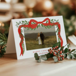 Lazo Rojo Elegante con Foto de Navidad con Verdor