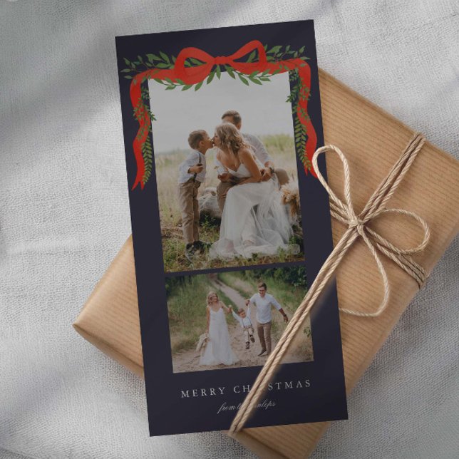 Lazo Rojo Elegante con Verde 2 Foto Navidad (Elegant painted red bow ribbon with greenery 2 photo Christmas holiday cards.)