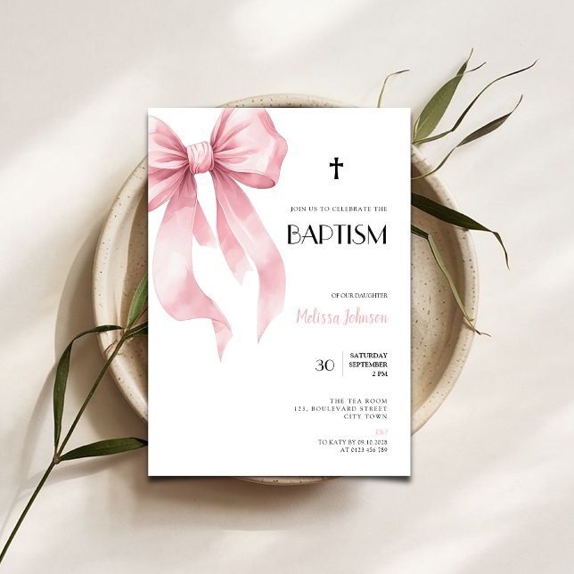 Lazo rosa acuarela para invitación de bautizo de n (watercolor pink bow baptism invitation)