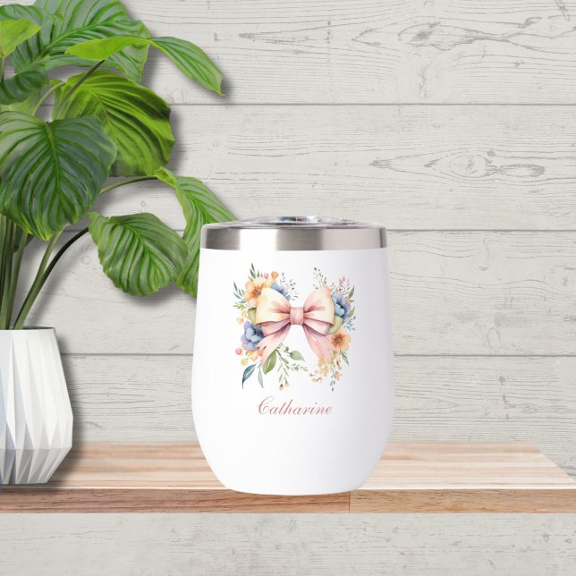 Lazo Rosa Monograma Coquette Flores Acuarela (Pink Bow Coquette Aesthetic, Watercolor Florals Bridesmaid Tumbler)
