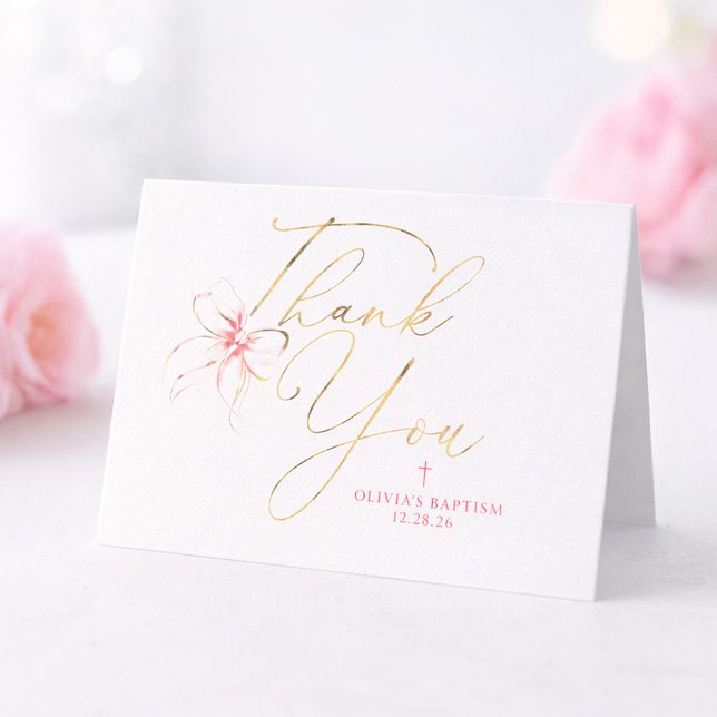 Lazo rosa y dorado Bautizo Agradecimiento (Pink Bow Thank You Greeting Card)