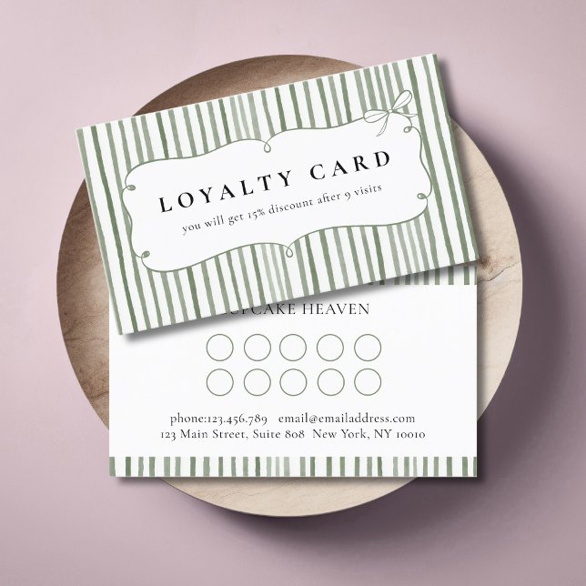 Lazos Vintage Verde Blanco Raya Tarjetas de Lealta (Green White Stripe Vintage Bow Loyalty Cards)