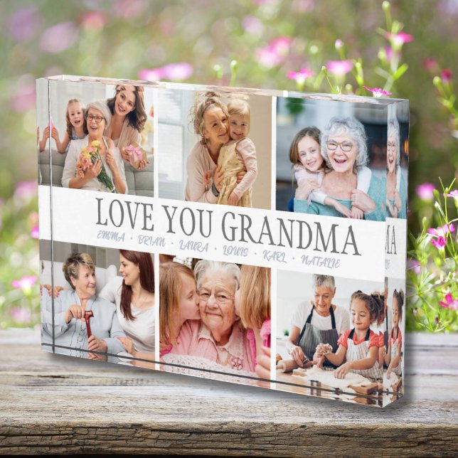 LE ENCANTA GRANDMA Nombre personalizado Bloque fot (Personalized Photo Collage and Grandchildren Name Photo Block)