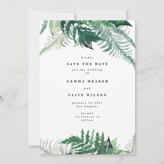 Leafy Modern Watercolor Photo Save the Date (Anverso)