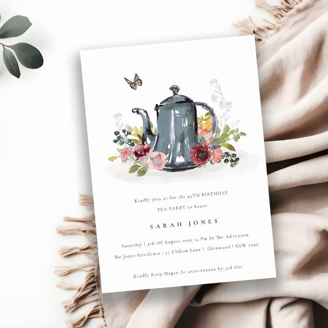 Leafy Rosa Floral Teapot Cualquier Edad Invitación (Subido por el creador)