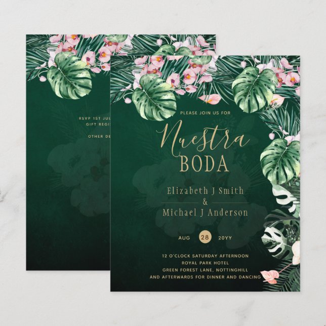 LeahG Boda de la hoja floral verde tropical (Anverso / Reverso)