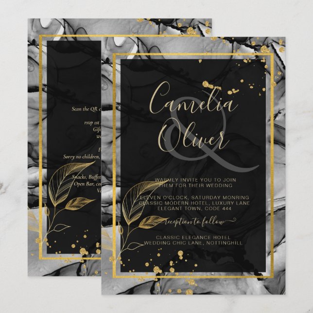LeahG® Invitación de boda con tinta de alcohol Bla (Anverso / Reverso)