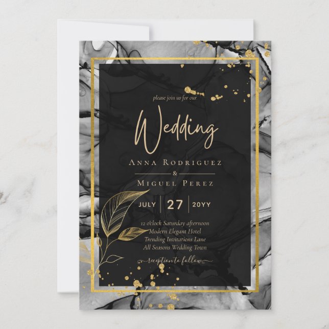 LeahG® Invitación de boda con tinta de alcohol Bla (Anverso)