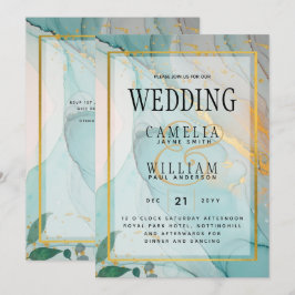 LeahG INVITACIÓN de boda de tinta dorada azul verd