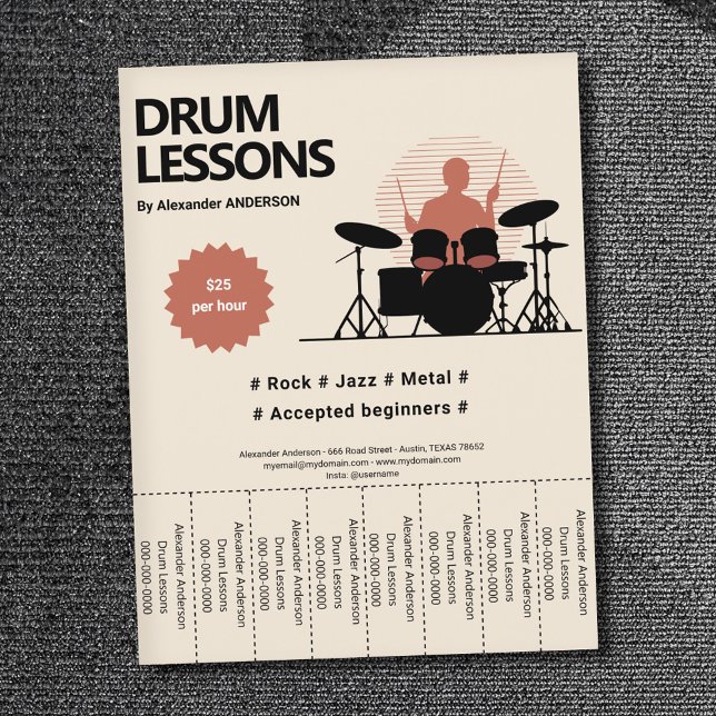 Lecciones de tambor Volante de tiras rotas (Drum Lessons Tear Off Strips Flyer)