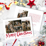 Lechado rojo moderno cinco fotos Feliz Navidad<br><div class="desc">La tarjeta navideña Red Modern Lettering Five Photo Merry incluye cuatro fotos en la parte delantera y otra en la parte trasera con espacio para tu mensaje más largo.</div>
