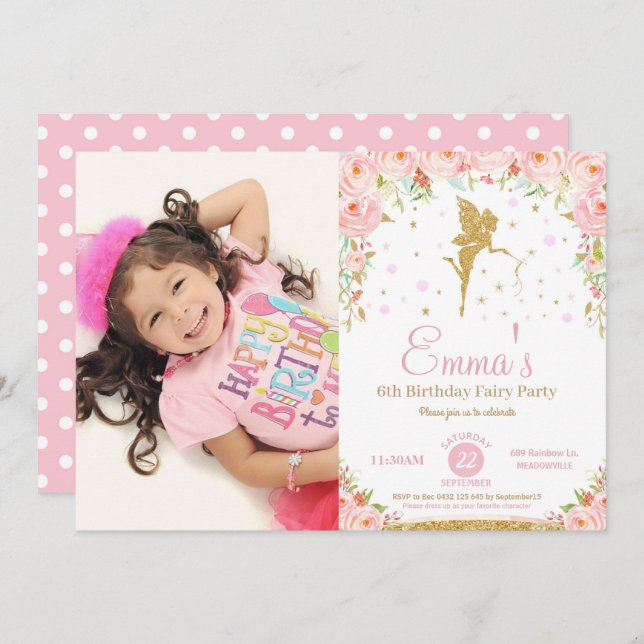 Leche floral rosada Primera invitación a fiesta de (Anverso / Reverso)