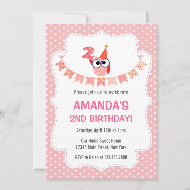 Lechuza 2do cumpleaños Invitación dulce rosa (Anverso)