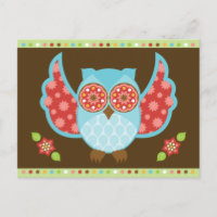 Lechuza azul y roja en la postal marrón y verde