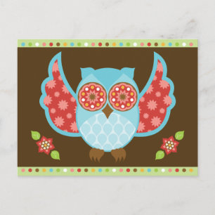 Lechuza azul y roja en la postal marrón y verde