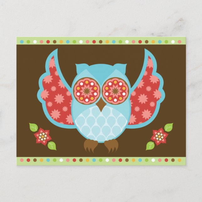 Lechuza azul y roja en la postal marrón y verde (Anverso)