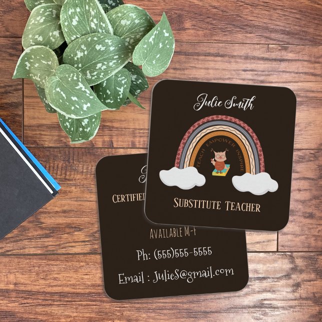 Lechuza bajo tarjetas de contacto del profesor sus (Owl under a rainbow faux chalkboard substitute teacher business cards)