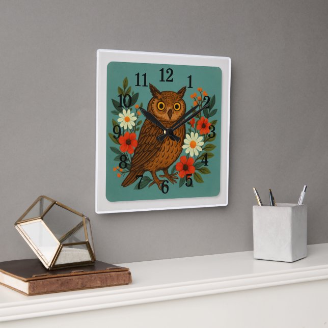 Lechuza caprichosa y flores reloj de pared cuadrad (Oficina)