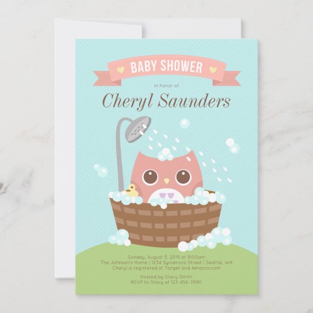 Lechuza Chica rosa en invitación a ducha de baño d (Anverso)