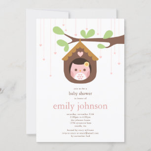 Lechuza Chica rosa en la invitación de Baby Shower
