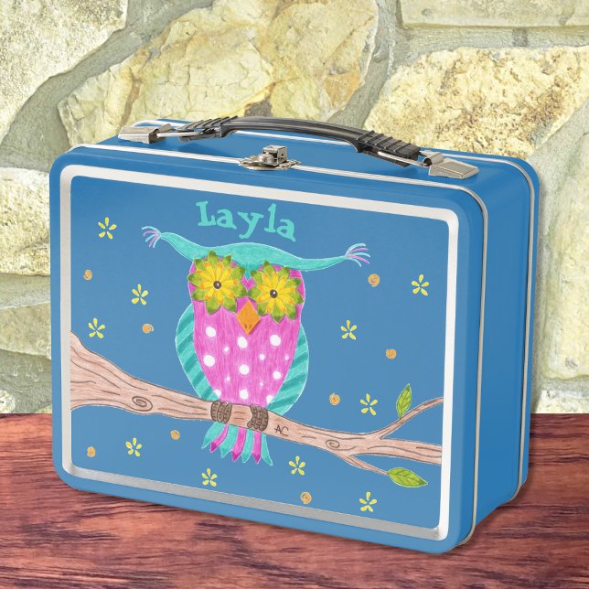 Lechuza con ojos floridos niño caja de almuerzo me (Cute owl personalized kid lunchbox . Choose your favorite color ! )