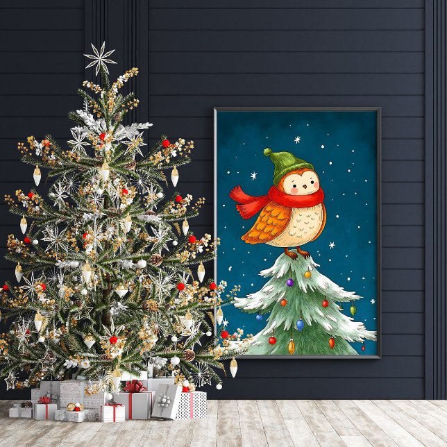 Lechuza Cuta En La Impresión De Un Poster De Árbol (Cute Christmas owl illustration wall art poster)
