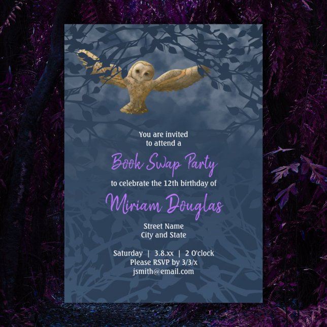 Lechuza de grano iluminada por luna, tarjeta de bo (blue purple forest magical fantasy owl in flight girls birthday )