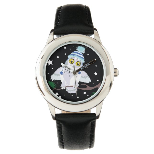 Lechuza de nieve con reloj de pulsera Gorra~muñeca (Anverso)