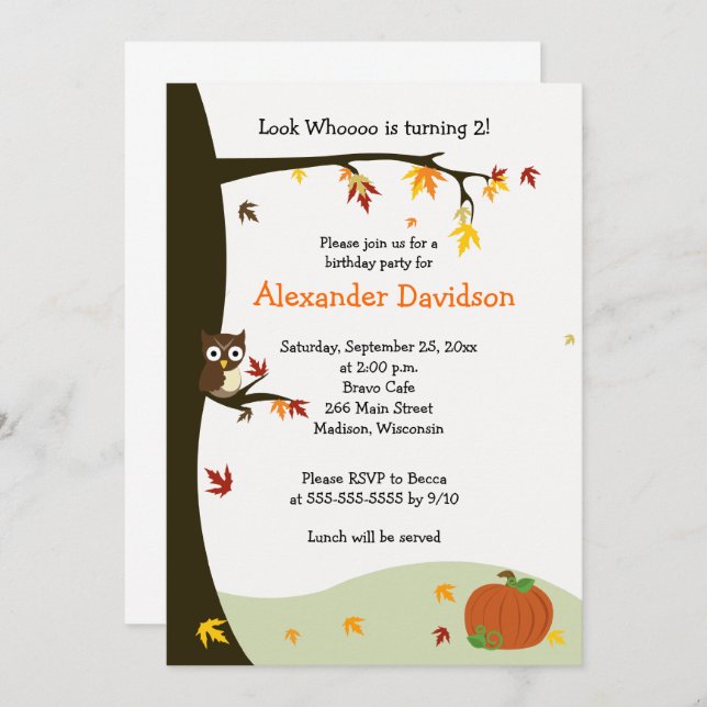 Lechuza de otoño en la invitación al cumpleaños de (Anverso / Reverso)
