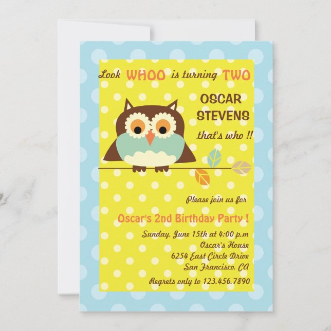 Lechuza en una sucursal - Invitaciones de cumpleañ (Anverso)