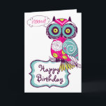 Lechuza Floral Ornate Rosada Tarjeta de Cumpleaños<br><div class="desc">Un ilustracion de búho con motivos florales,  verde chartreuse,  rosa caliente,  azul y morado oscuro. Es una tarjeta de cumpleaños divertida y femenina para tu familia y amigos.</div>