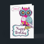 Lechuza Floral Ornate Rosada Tarjeta de Cumpleaños<br><div class="desc">Un ilustracion de búho con motivos florales,  verde chartreuse,  rosa caliente,  azul y morado oscuro. Es una tarjeta de cumpleaños divertida y femenina para tu familia y amigos.</div>
